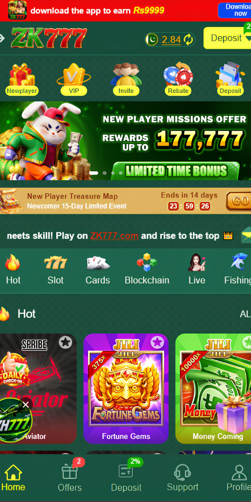 ZK777 Game home screen showing mobile gaming categories and account features