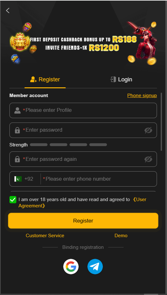 188PKR Game registration form for new users