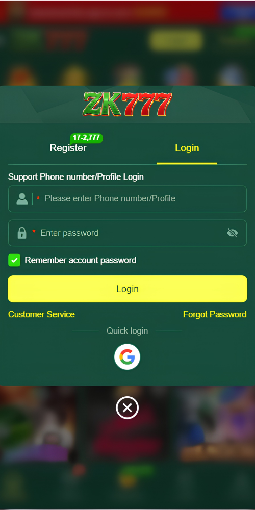 ZK777 Game registration screen for creating a new account and login