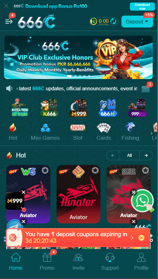 666C Game home screen showing gaming categories, wallet balance and navigation menu