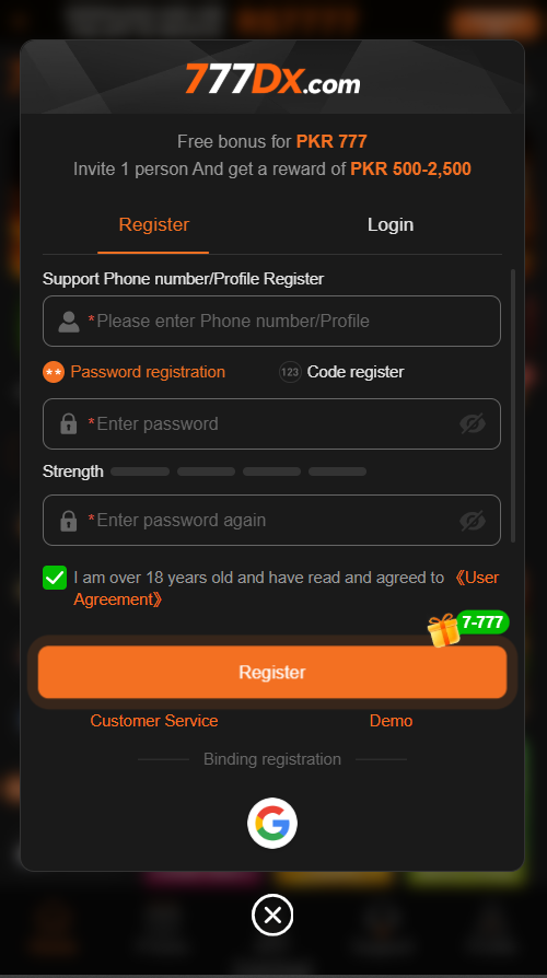 DX777 Game account registration form