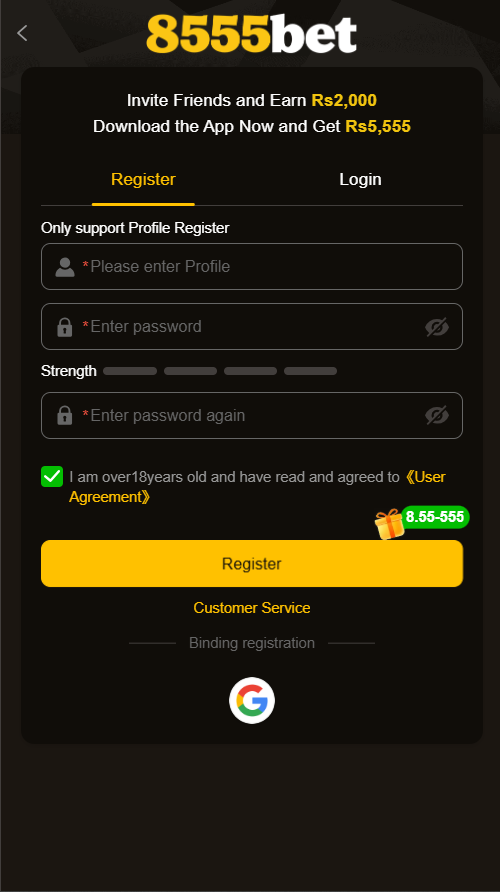855Bet Game registration screen for Android