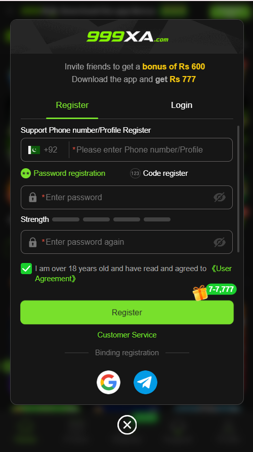 999XA Game registration screen for new mobile users