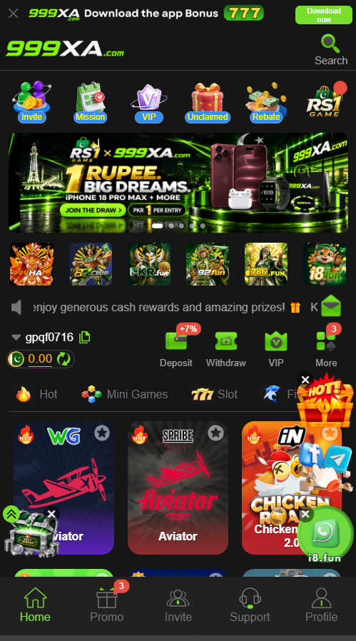 999XA Game mobile home screen showing available sections
