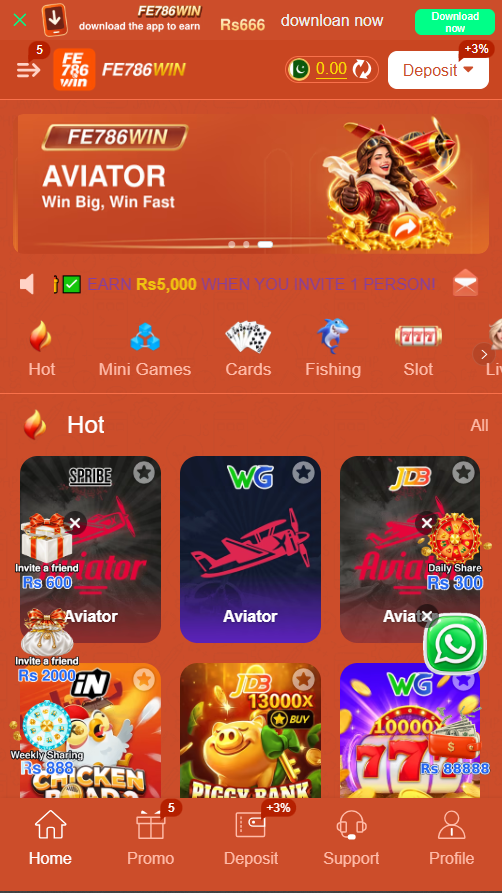 FE786 Game home screen showing mobile gaming categories and account options