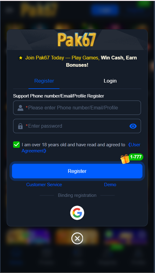 PAK67 Game registration screen with phone or email and password fields