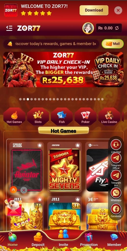 ZOR77 Game home screen showing gaming categories and account navigation