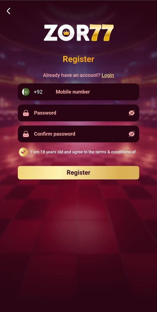 ZOR77 Game registration screen with account and password fields