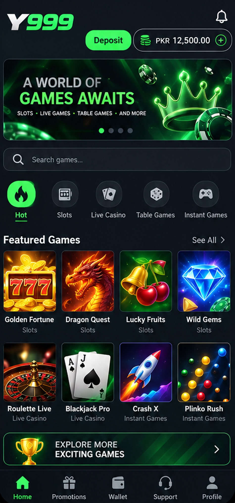 Y999 game home screen showing available games and account balance