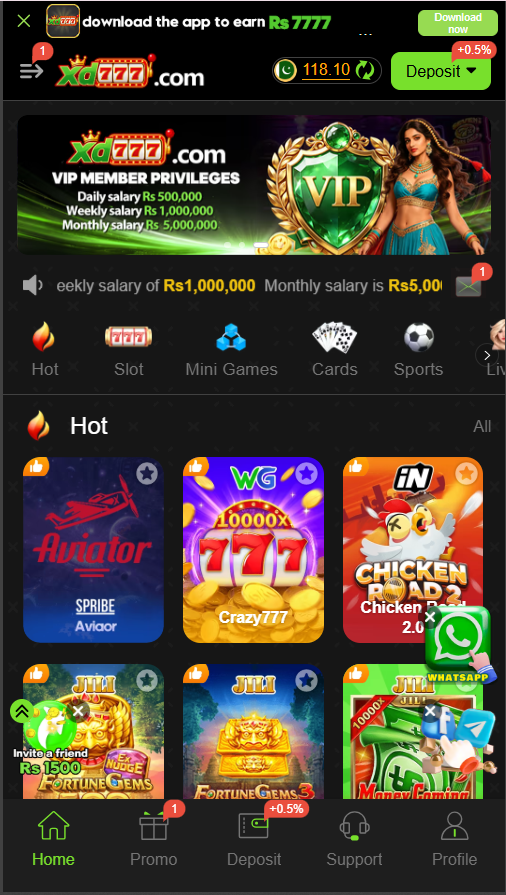 XD777 Game home screen showing mobile gaming and account features