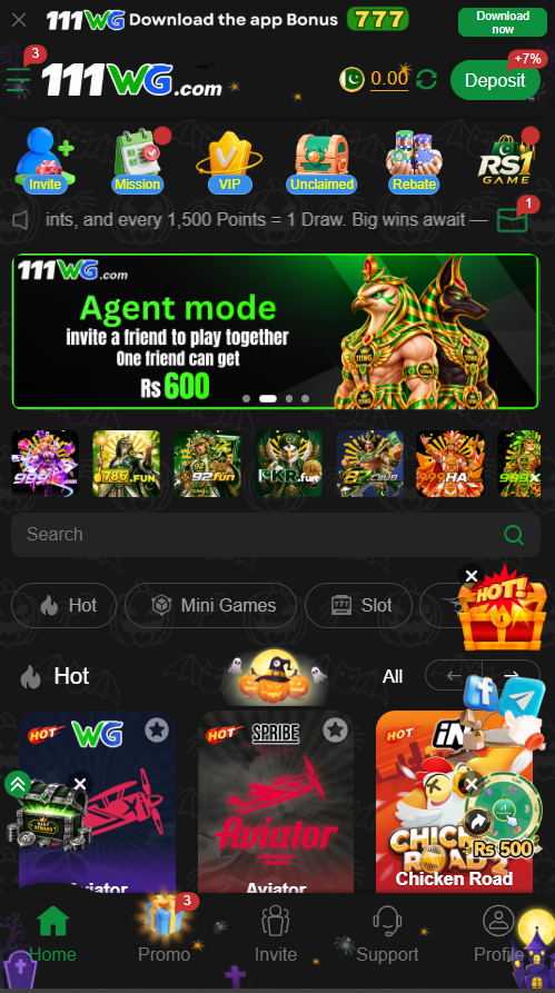 111WG Game homepage showing the gaming platform interface and available features