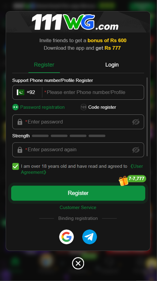 111WG Game registration screen showing account sign-up fields