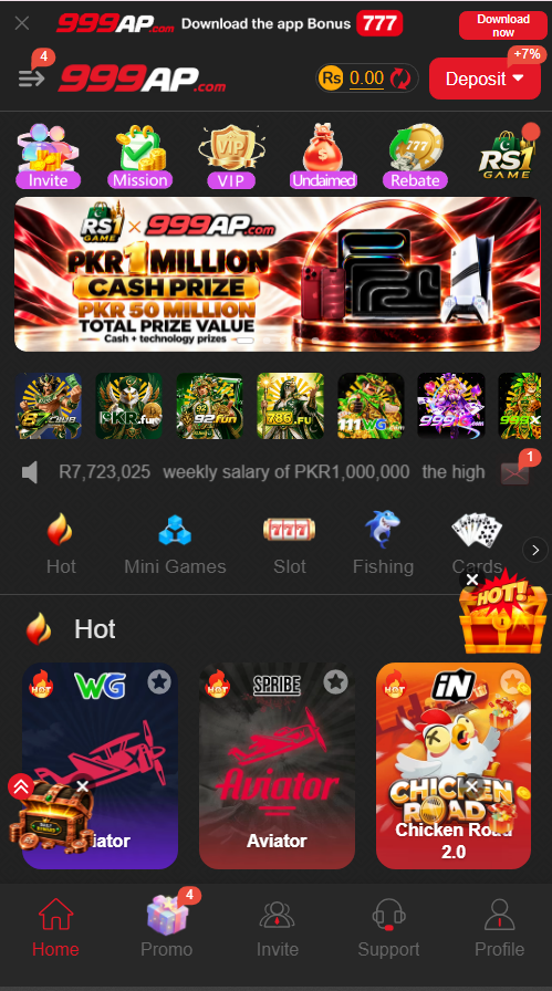 999AP Game homepage showing the gaming platform interface and available features