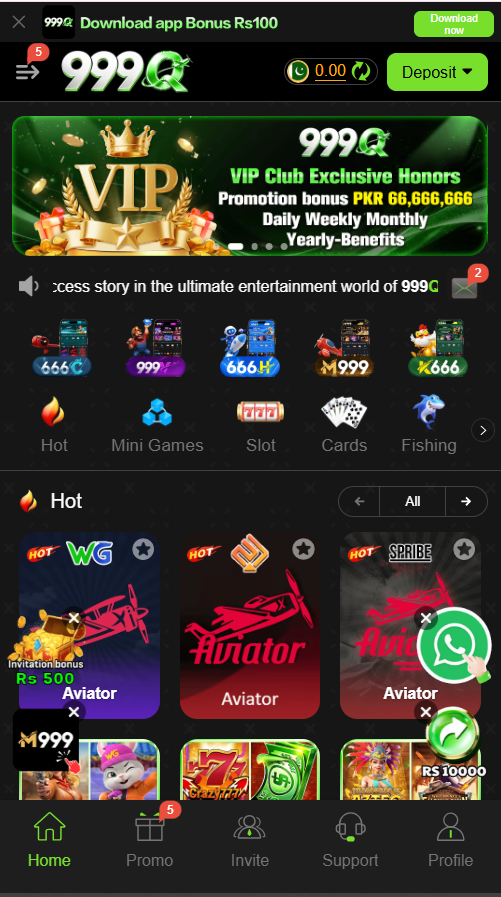 999Q Game home screen and mobile game categories