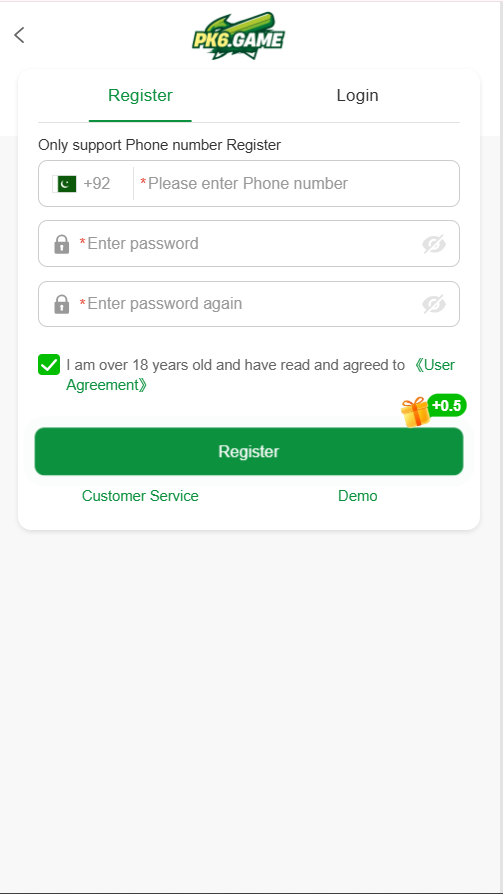 PK6 Game registration screen showing mobile account sign-up fields