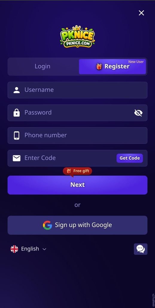PKNICE Game registration screen for new users
