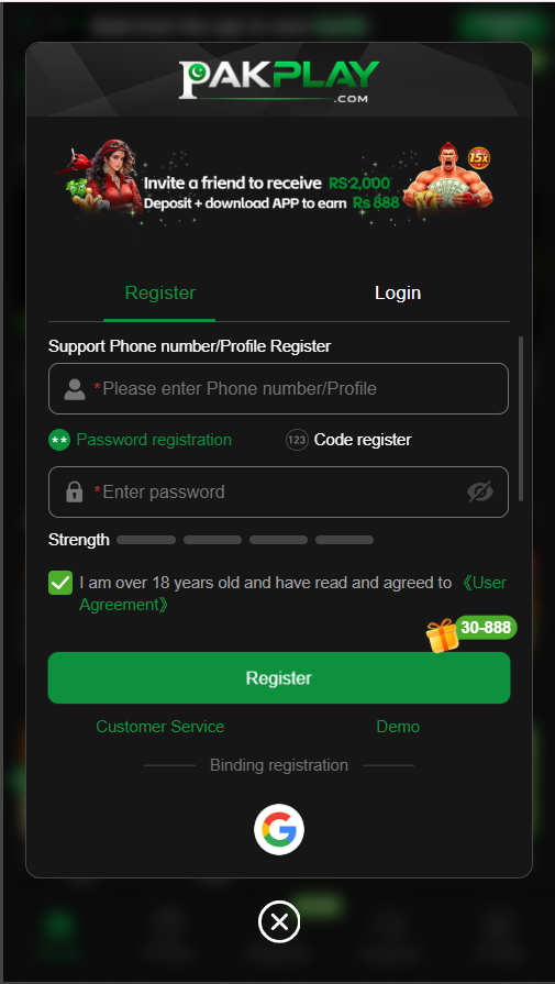 PAKPLAY Game registration page with referral ID field