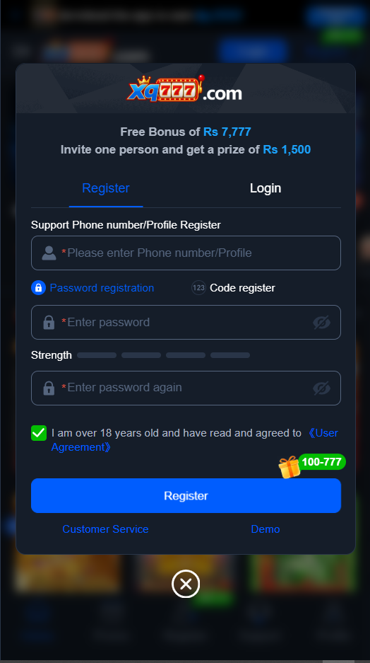 XQ777 Game account registration form